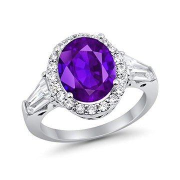 Halo Fashion Ring Baguette Simulated Amethyst CZ 925 Sterling Silver
